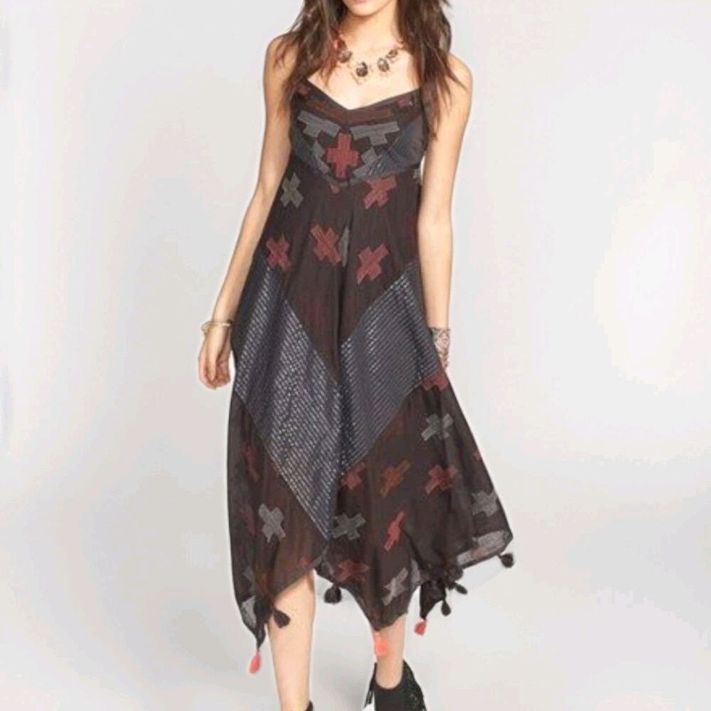 Free People Crossing Paths tassel trim embroidered handkerchief hem dress XS